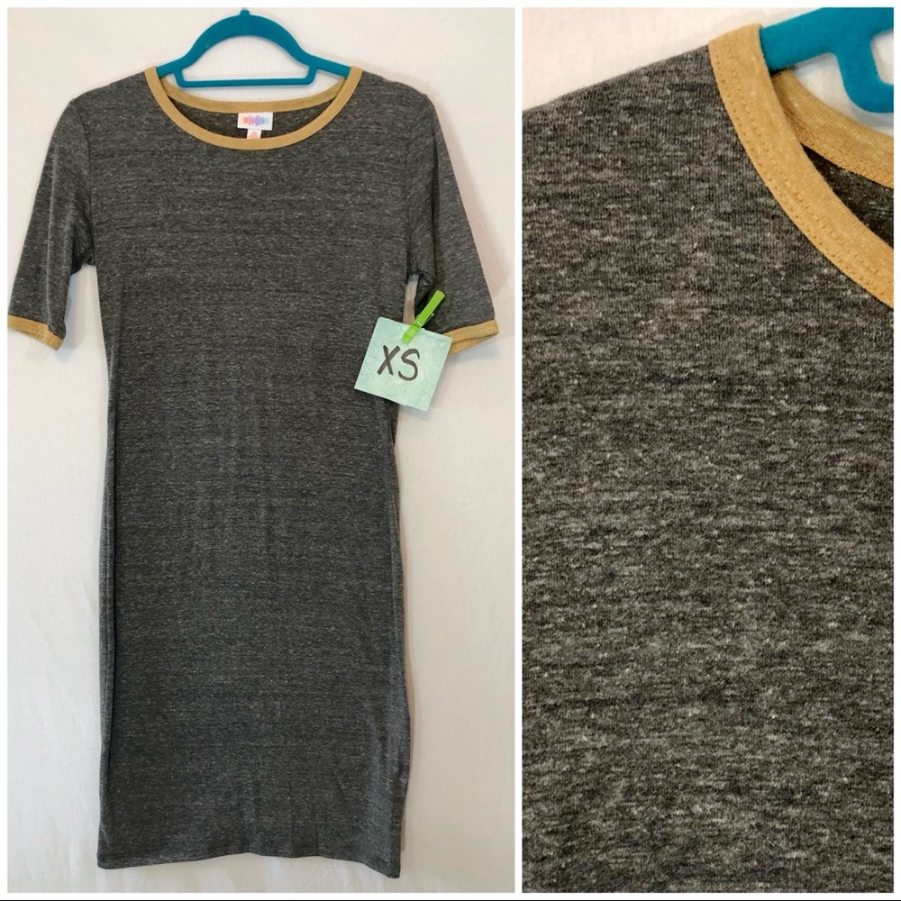 ✨ LuLaRoe Julia Dress | XS | Heathered Gray + Mustard Trim | NWT FINAL SALE